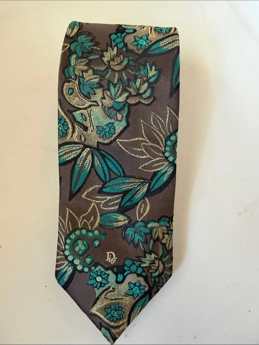 Dior Teal and Brown Silk Floral Tie with Gold Accents